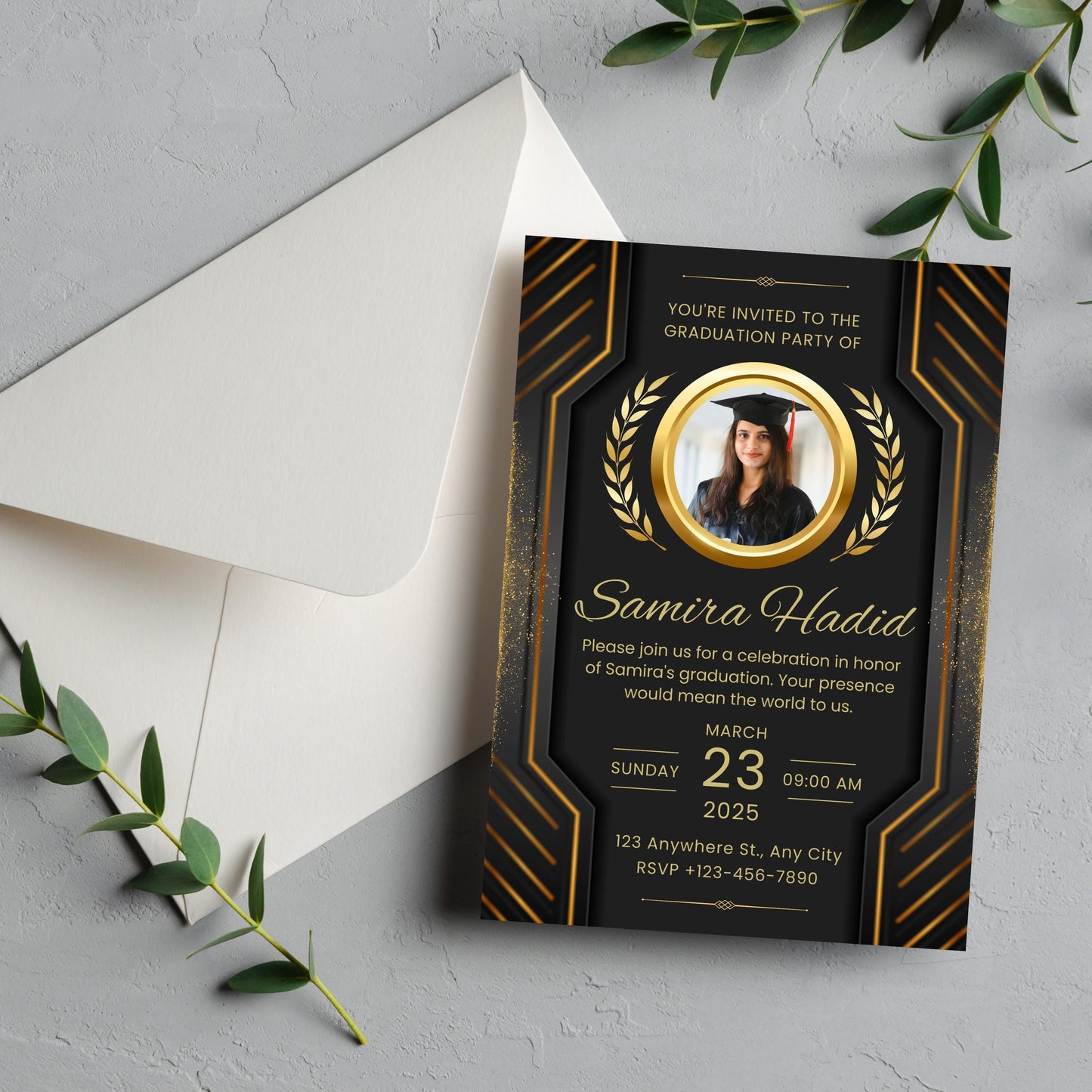 Luxury Graduation Invitation Template | Graduation Invitation Ceremony | Elegant Gold & Black Graduation Program CANVA Editable Template