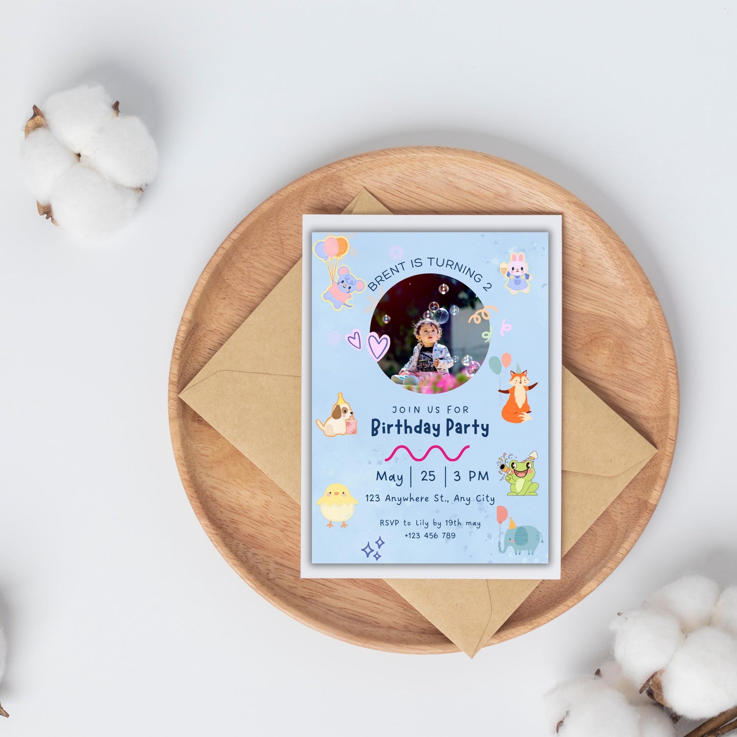 Light Blue Birthday Invitation, Light Blue Elegant Evite, Animated Birthday Invitation, Neutral Floral Party Template