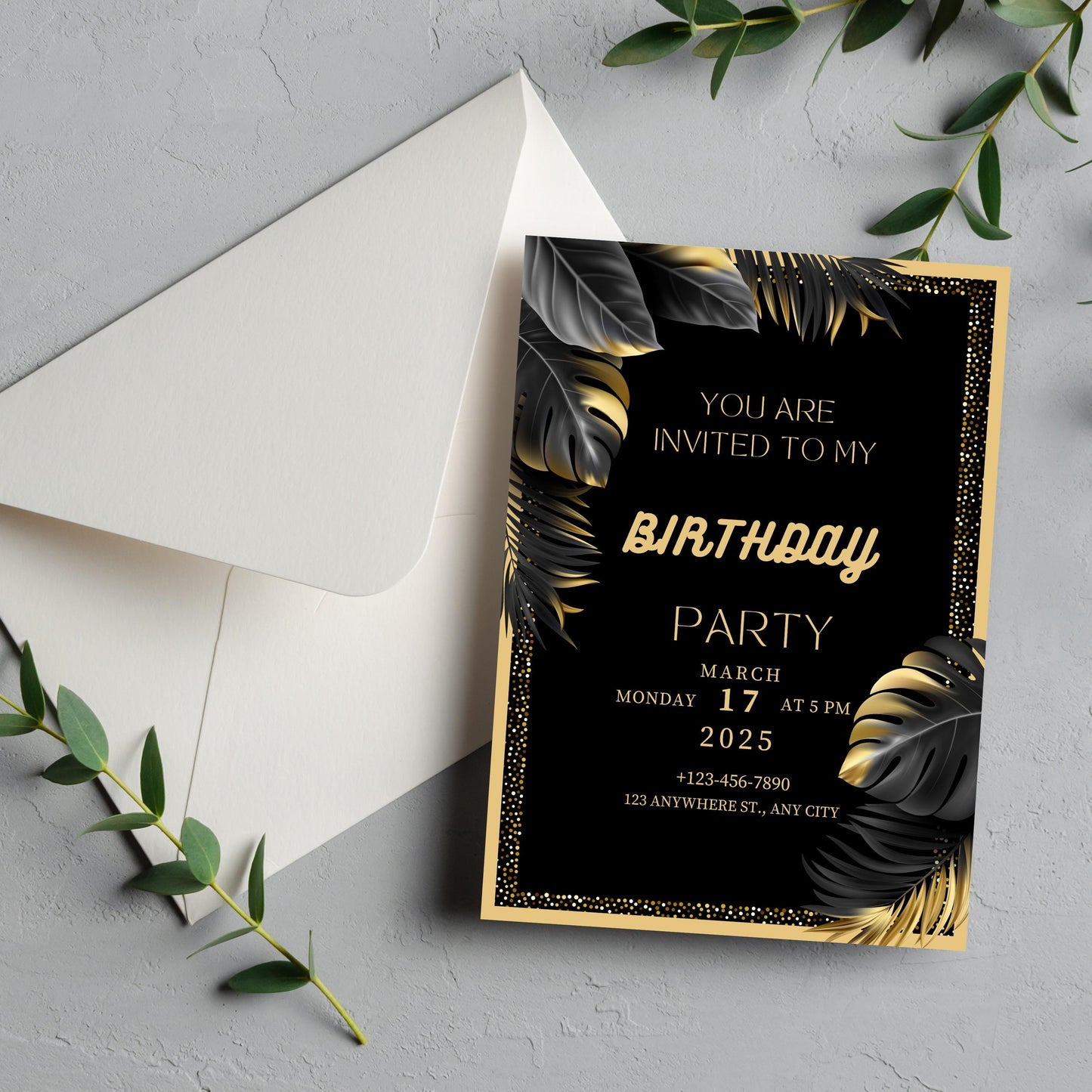 Luxury Black & Gold Birthday Party Invitation | Digital and Personalized