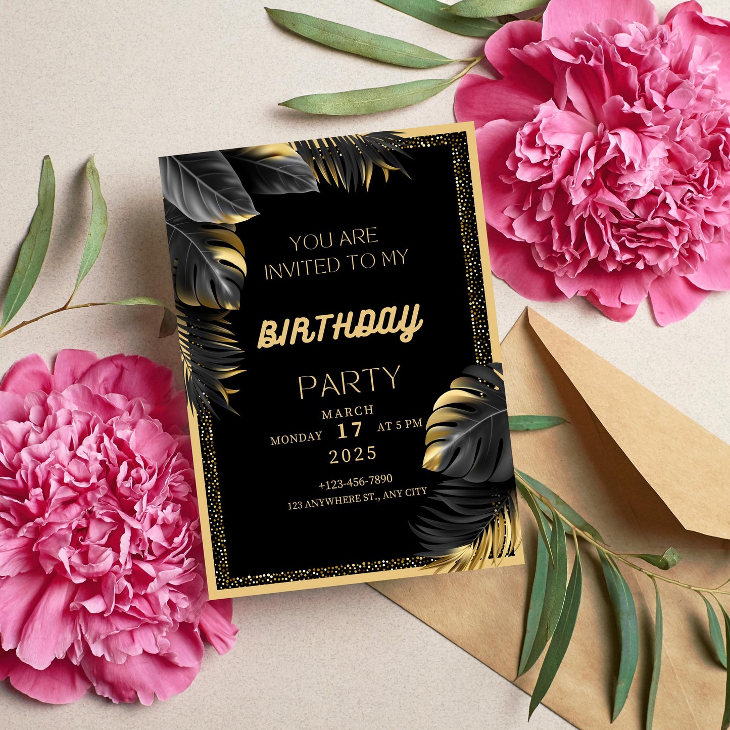 Luxury Black & Gold Birthday Party Invitation | Digital and Personalized