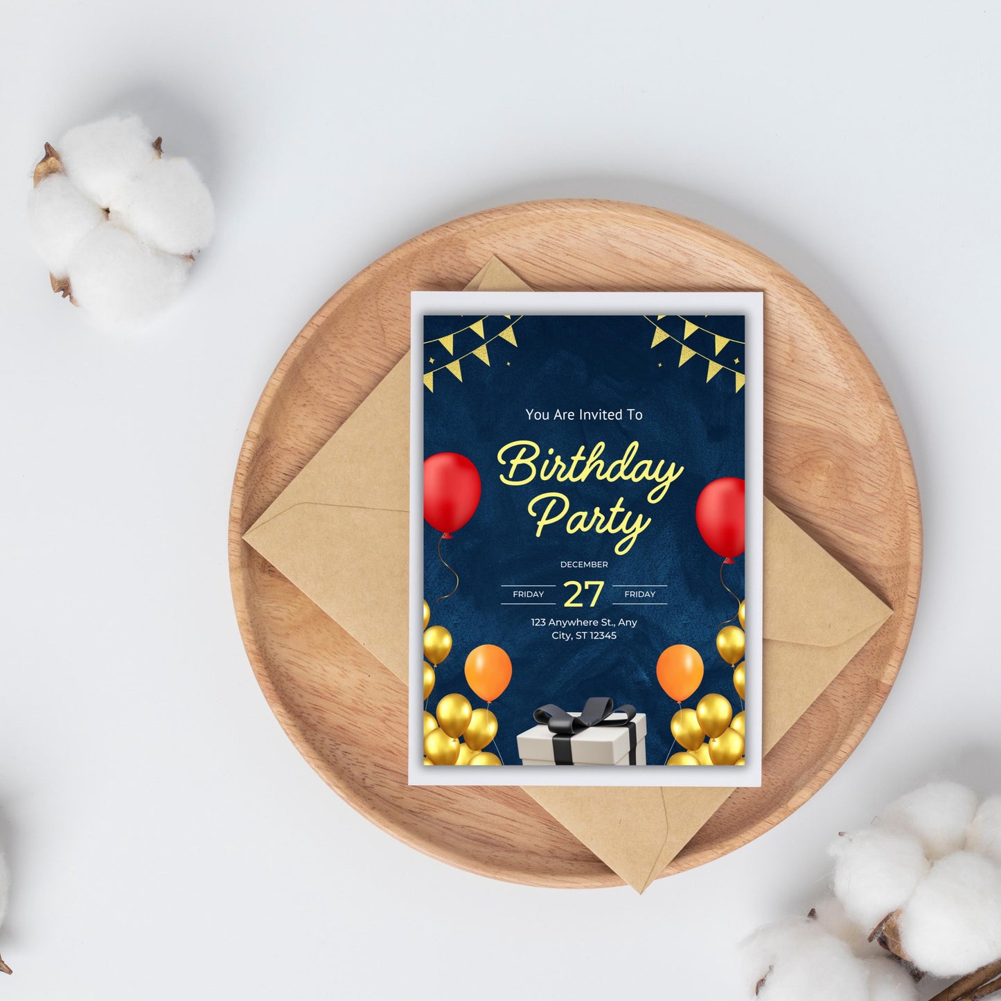 Elegant Digital Editable Birthday Invitation Canva Template, Masculine Navy Royal Blue and Gold Bday Men Evite, Mobile Phone Party Invite