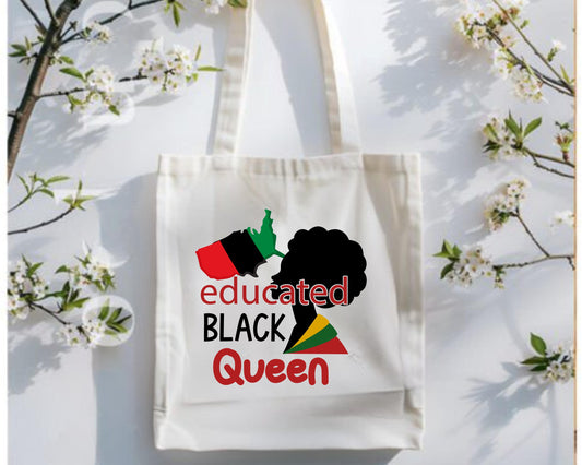 Empowered Black Queen Tote Bag - African American Feminist Shoulder Bag, Educated Black Woman Queen Canvas Tote, Black History Month Gift,