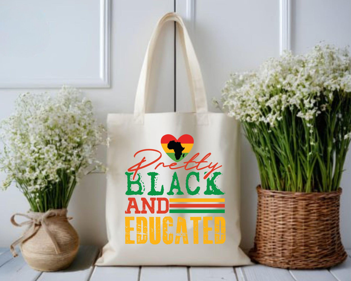 Pretty Black and Educated Tote Bag, African American Gifts, Black Girl Magic Tote, Feminist Book Bag, Natural Hair Afrocentric Tote, College