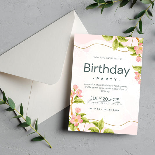 Customizable Floral Birthday Invitation | Soft Pink Blush Design | Perfect for Birthday Celebrations | Digital Party Invitation Template