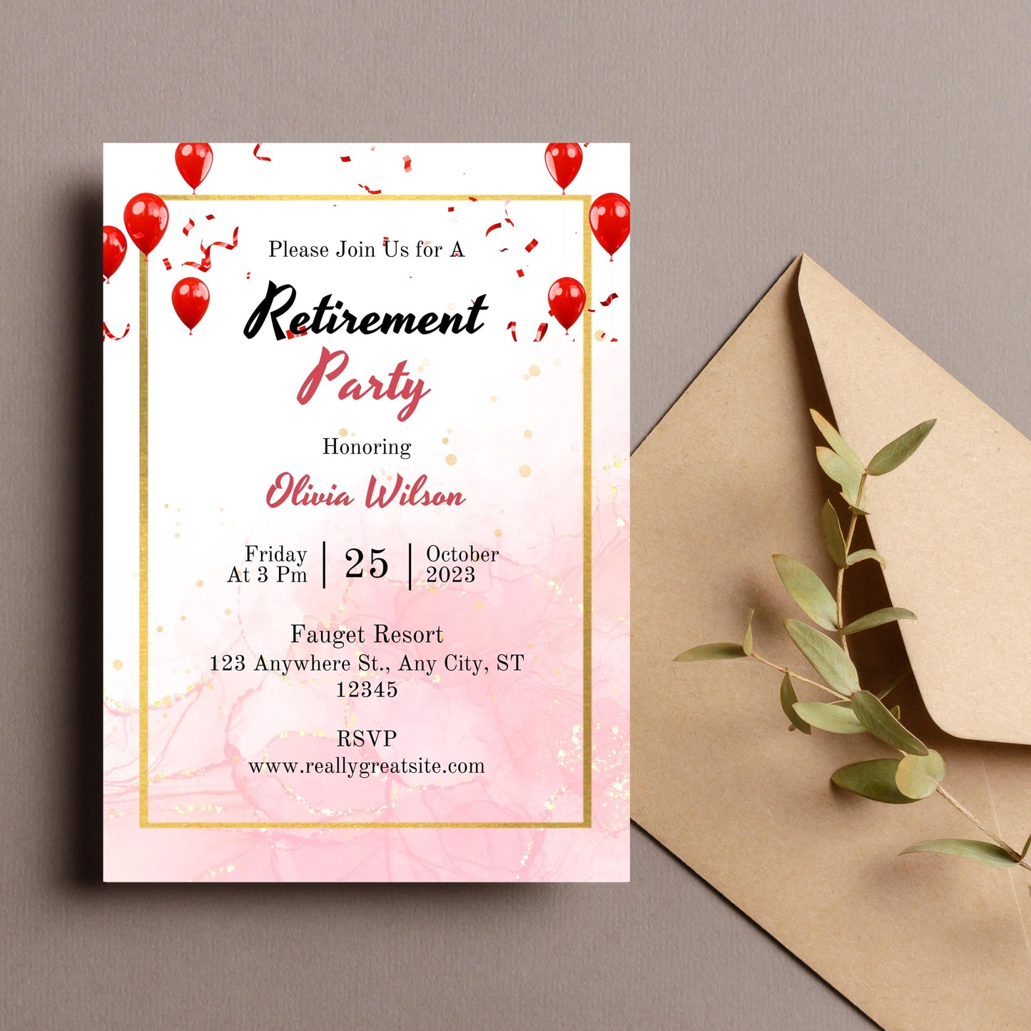 Customizable Retirement Party Invitation | Soft Blush Pink Floral Design | Digital Retirement Invite Template | Instant Download