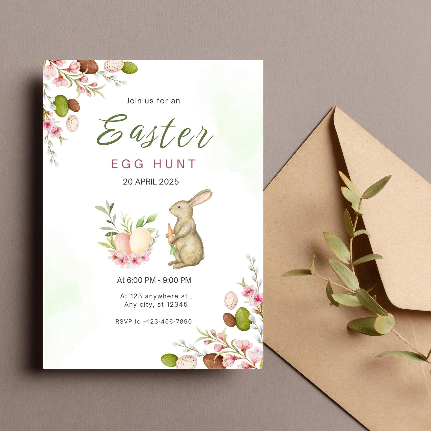 Green and Pink Watercolor Easter Invitation, Green Easter Invitation | Easter Egg Hunt | Bunny Party Invite | Easter Brunch