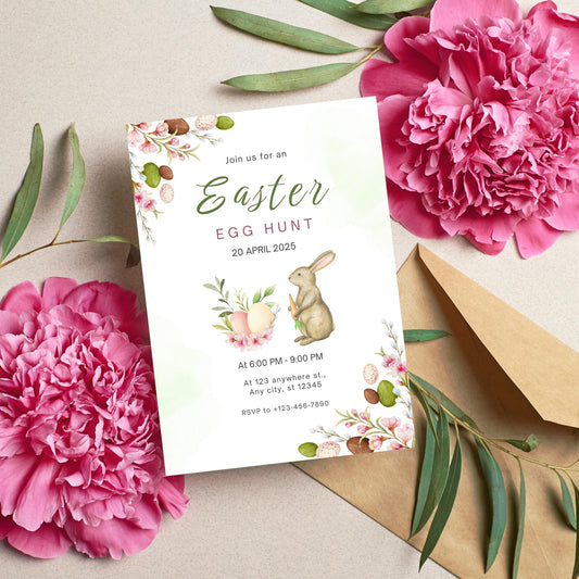 Green and Pink Watercolor Easter Invitation, Green Easter Invitation | Easter Egg Hunt | Bunny Party Invite | Easter Brunch