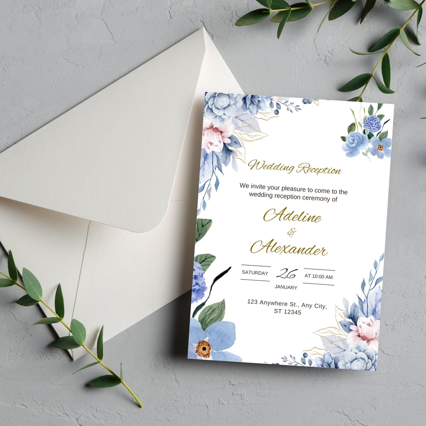 Royal Blue Wedding Invite | Navy Blue Wedding Invitation Template | Blue and Ivory Wedding Invite | Modern Floral Wedding Invitation