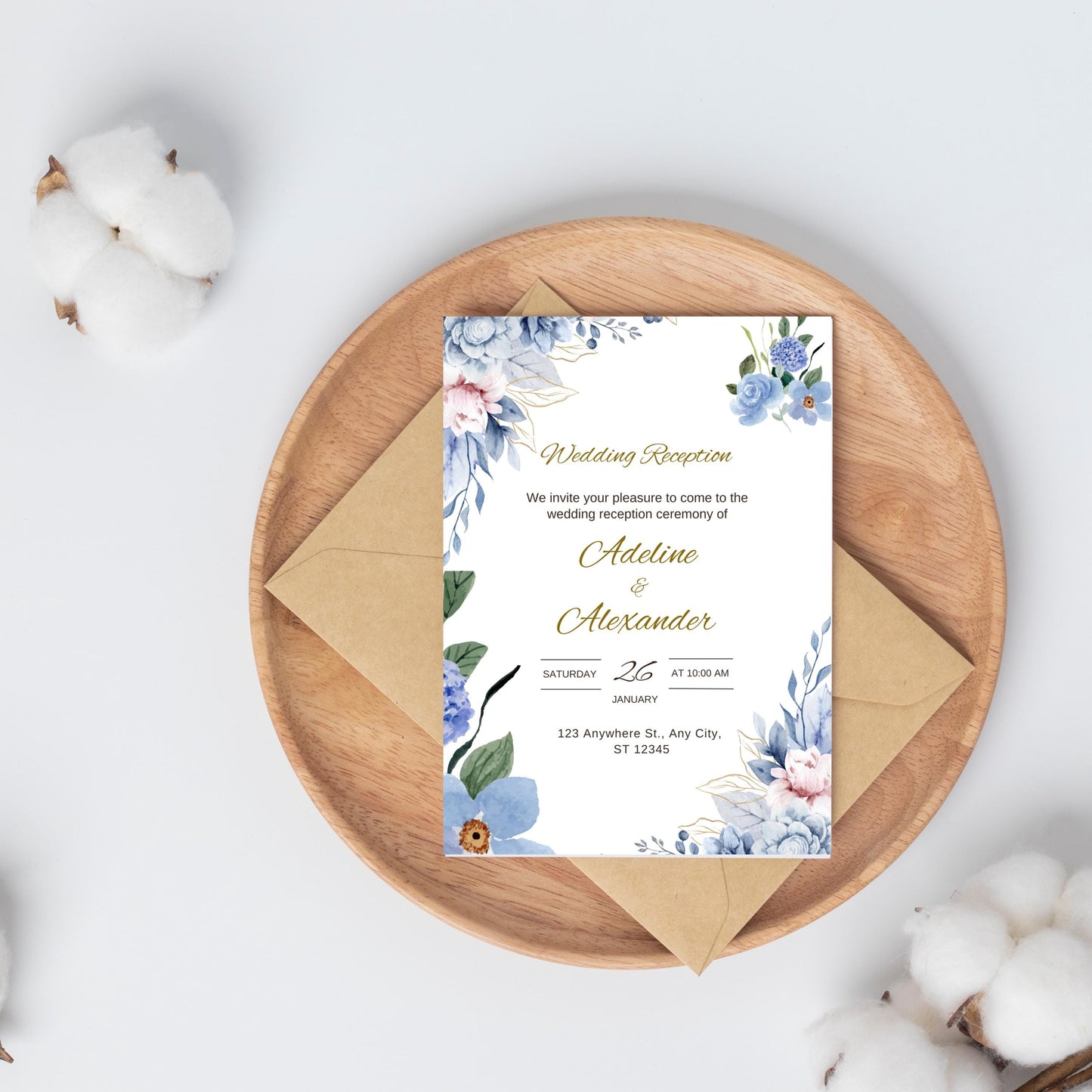 Royal Blue Wedding Invite | Navy Blue Wedding Invitation Template | Blue and Ivory Wedding Invite | Modern Floral Wedding Invitation