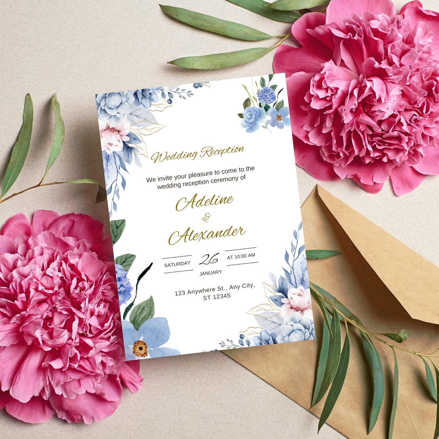 Royal Blue Wedding Invite | Navy Blue Wedding Invitation Template | Blue and Ivory Wedding Invite | Modern Floral Wedding Invitation