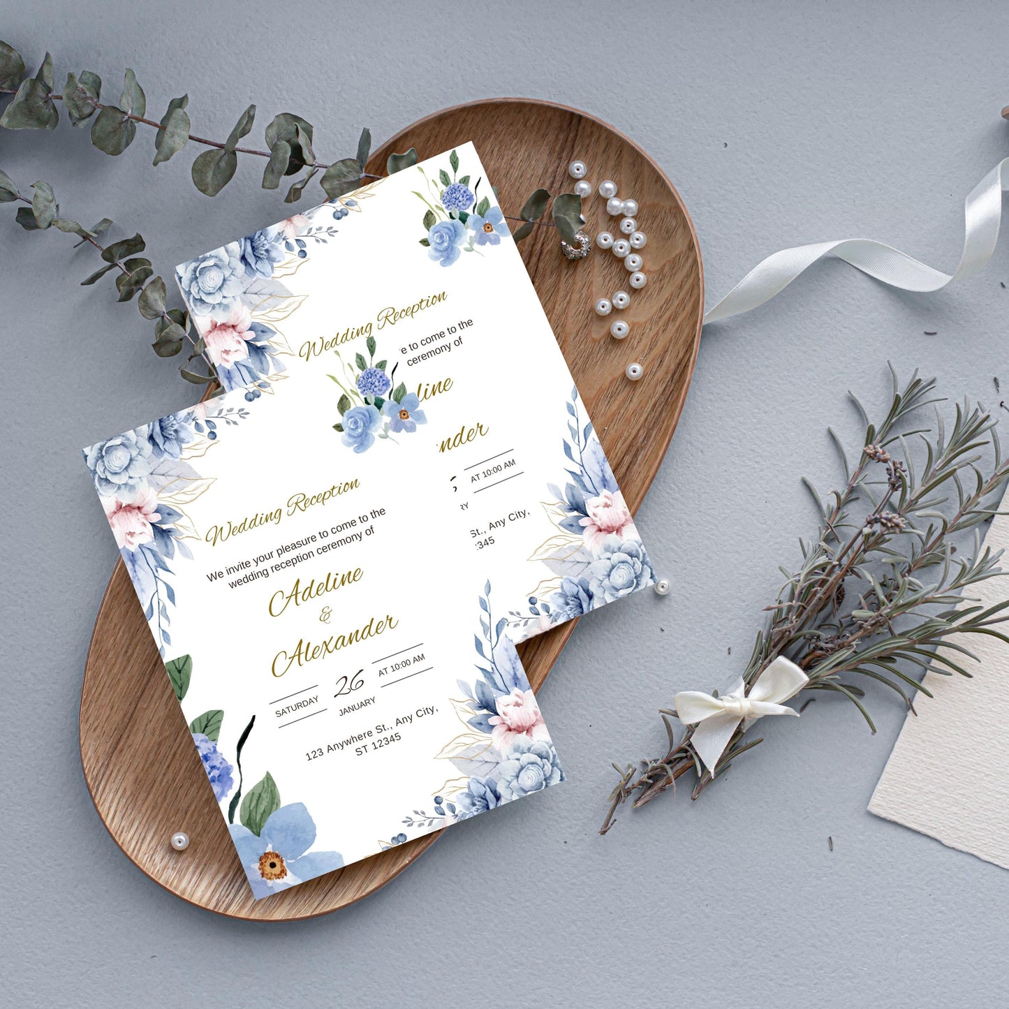 Royal Blue Wedding Invite | Navy Blue Wedding Invitation Template | Blue and Ivory Wedding Invite | Modern Floral Wedding Invitation