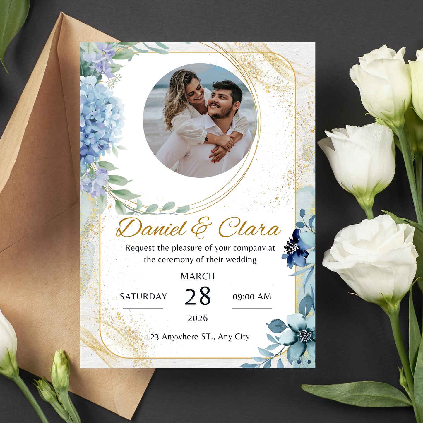 Dusty Blue Floral Wedding Invitation Template | Editable & Printable | Modern Wedding Invite