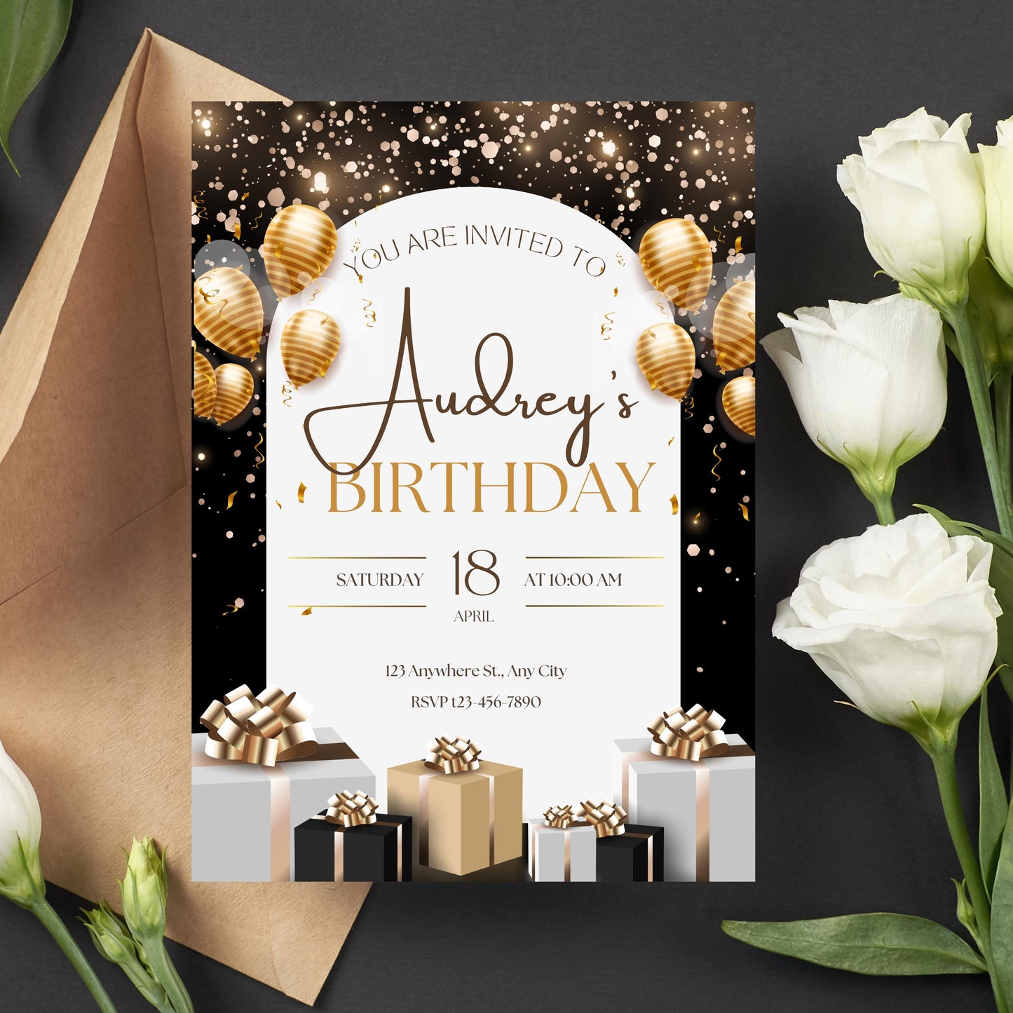 Editable Black & Gold Birthday Invitation | Luxury Black Marble Design | Printable or Digital Invitation