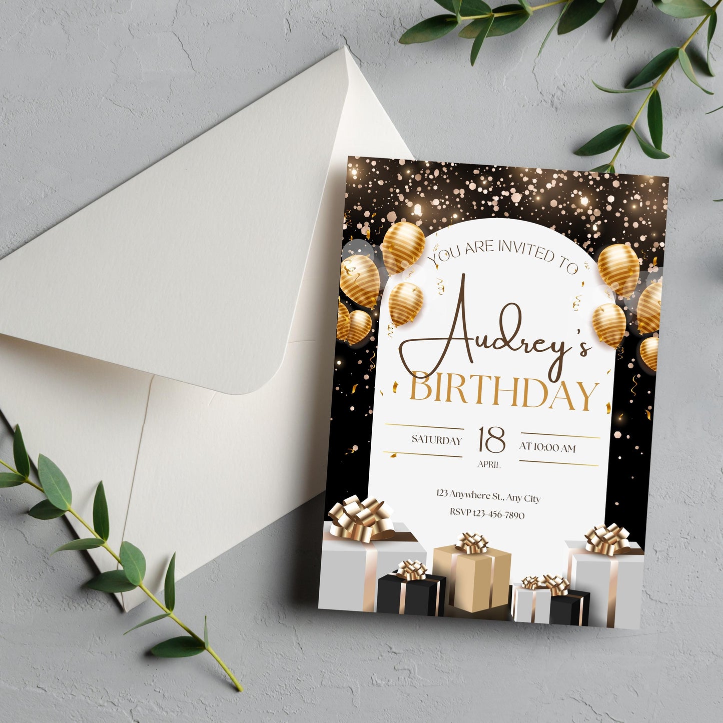 Editable Black & Gold Birthday Invitation | Luxury Black Marble Design | Printable or Digital Invitation