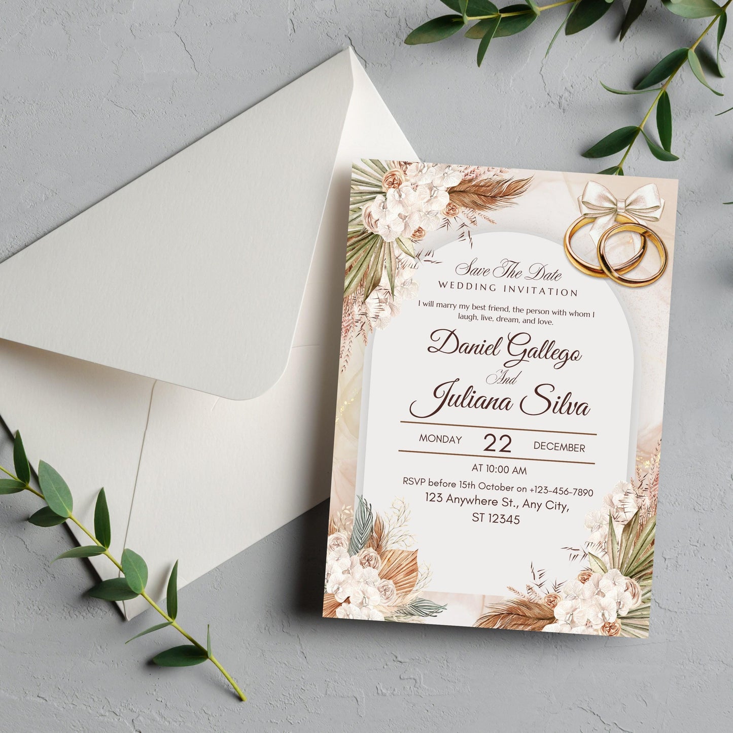 Beige Vintage Floral Invitation Template | Romantic Botanical Wedding Invite