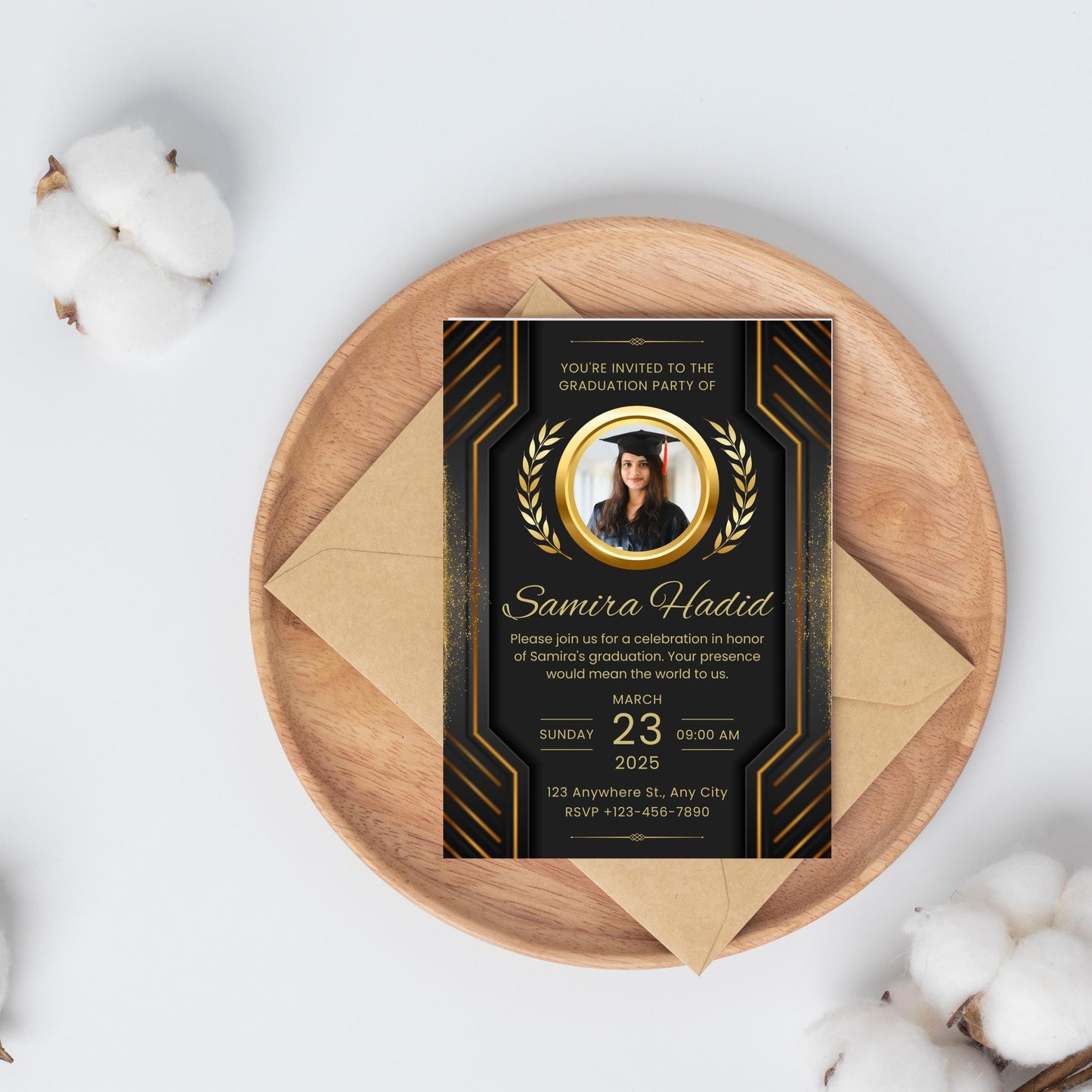 Luxury Graduation Invitation Template | Graduation Invitation Ceremony | Elegant Gold & Black Graduation Program CANVA Editable Template