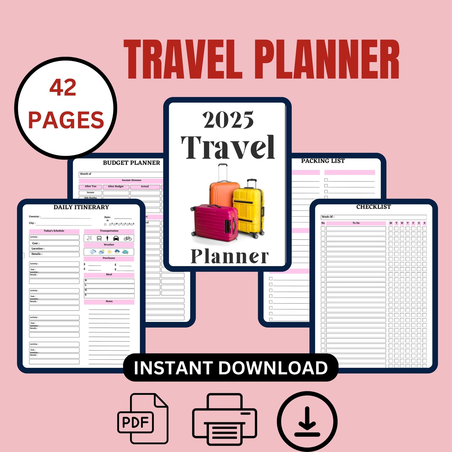 Fully Editable Digital Itinerary Template, 2025 Travel Planner, Vacation Organizer, KDP-Ready Trip Planning, Travel Goals, Printable Journal