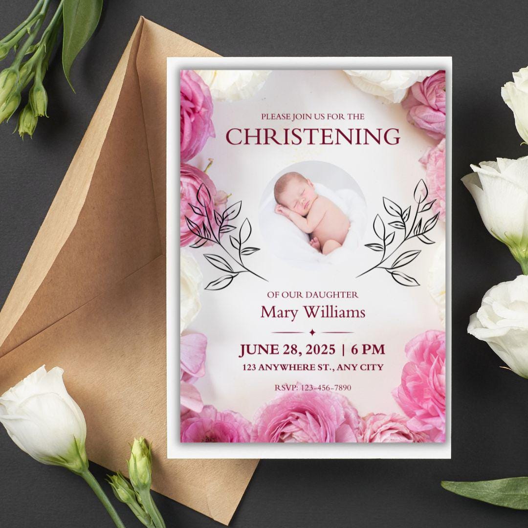 Floral Blush Pink Girl Photo Baptism Invitation Template, Pink Gold Green Floral Baptism EDITABLE Printable Baptism Christening Invite