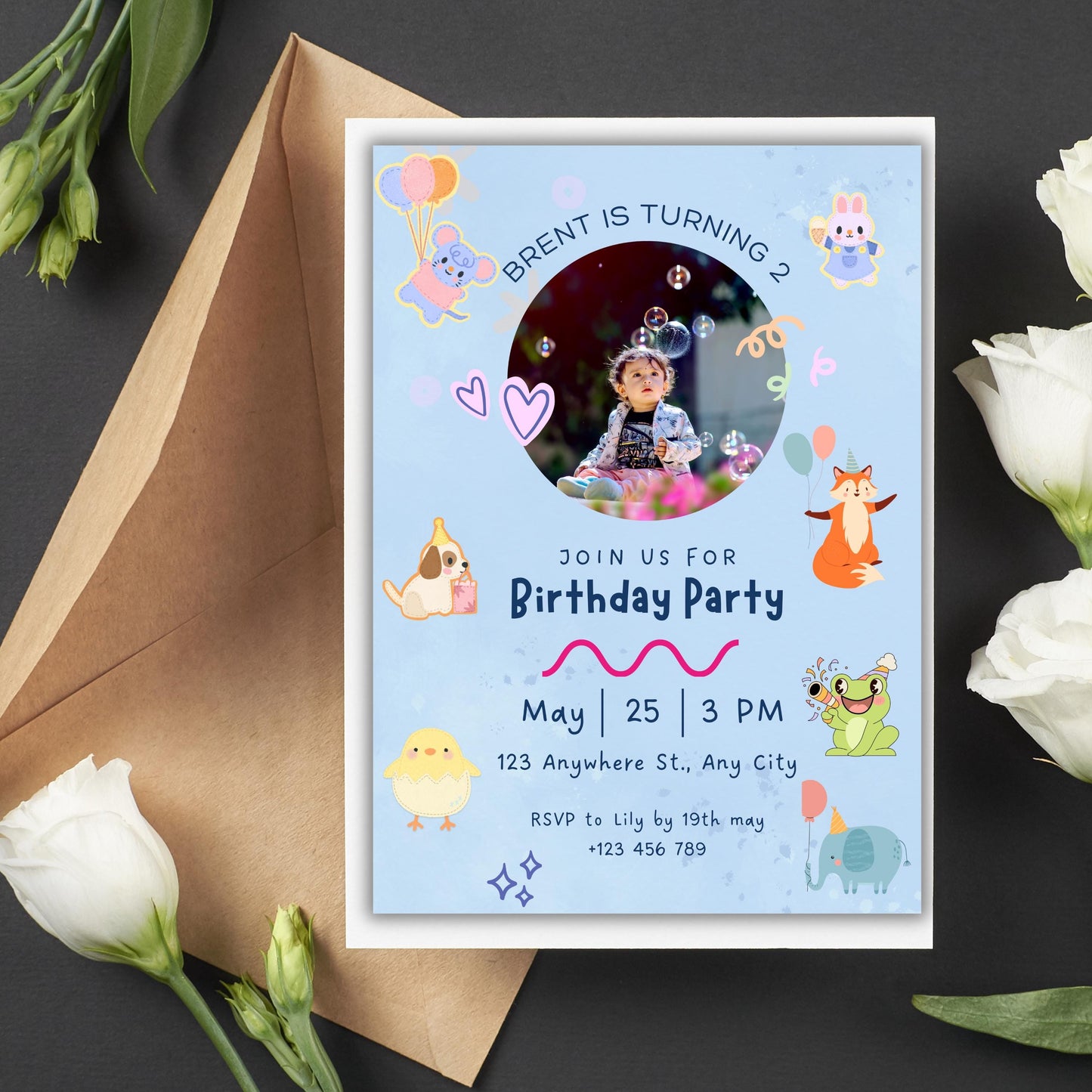 Light Blue Birthday Invitation, Light Blue Elegant Evite, Animated Birthday Invitation, Neutral Floral Party Template