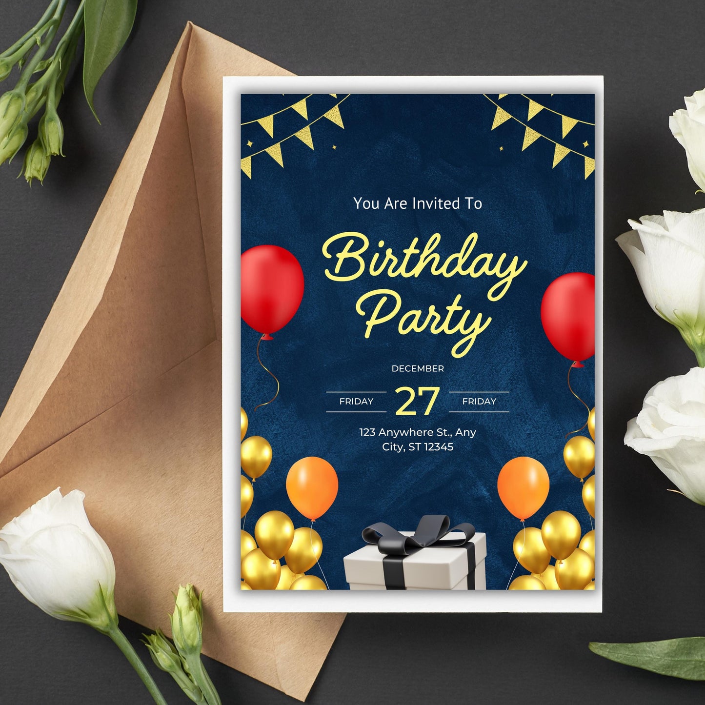 Elegant Digital Editable Birthday Invitation Canva Template, Masculine Navy Royal Blue and Gold Bday Men Evite, Mobile Phone Party Invite