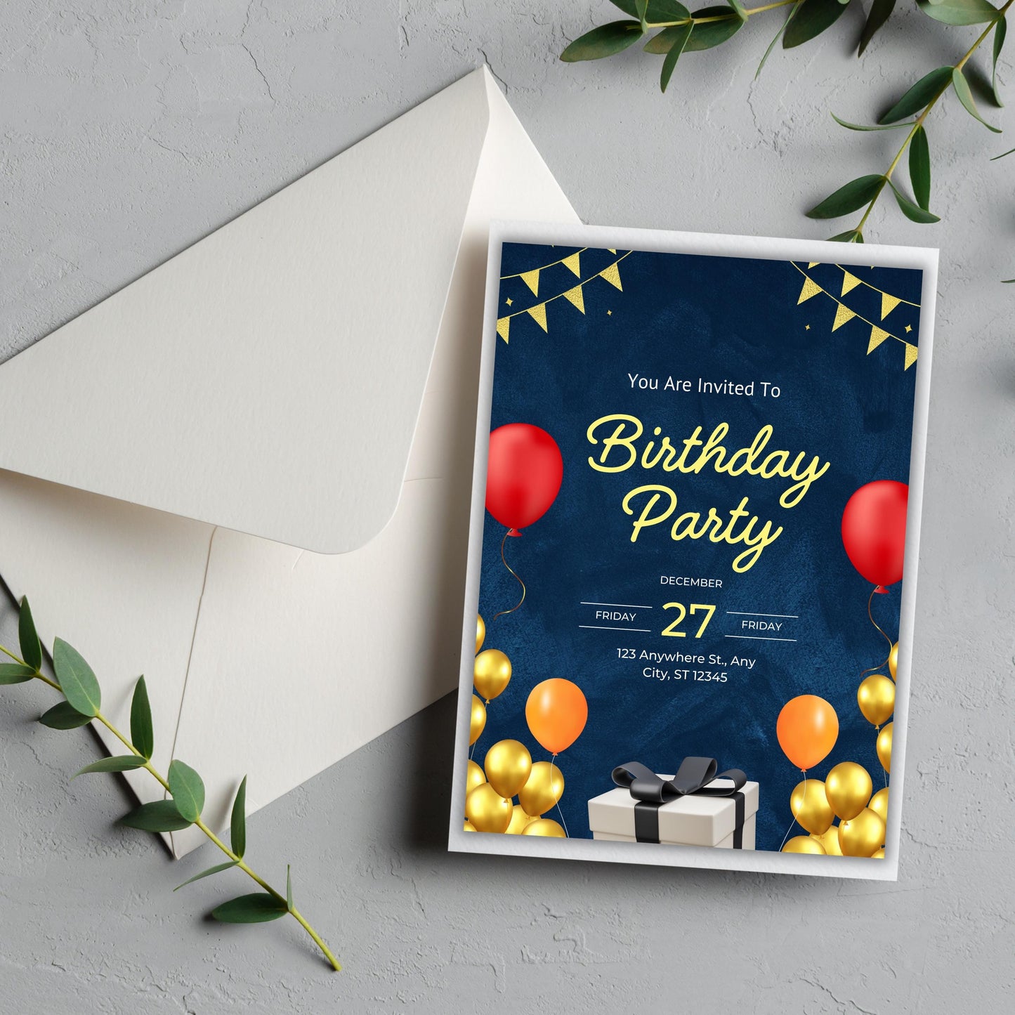 Elegant Digital Editable Birthday Invitation Canva Template, Masculine Navy Royal Blue and Gold Bday Men Evite, Mobile Phone Party Invite