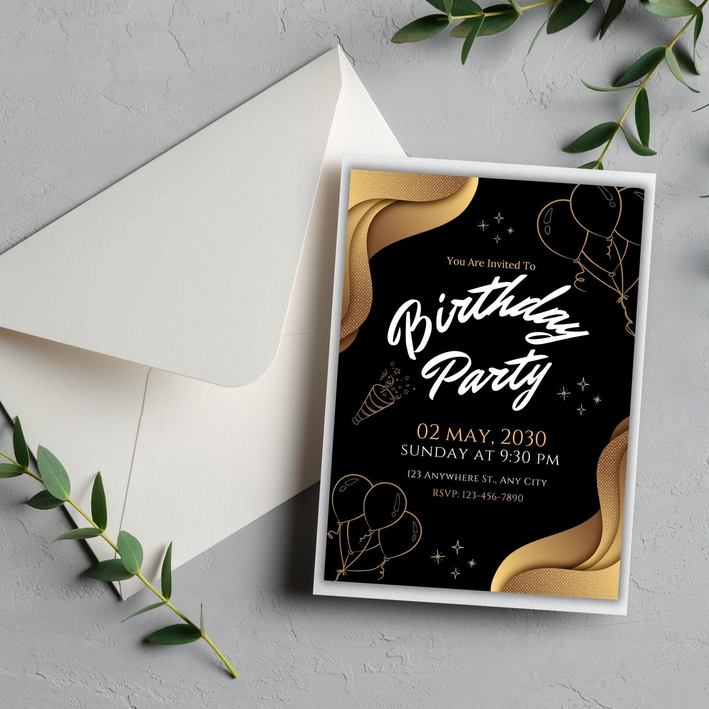 Gold Birthday Invitation, Adult Birthday Dinner Invitation, Gold & Black Birthday Invite, Black and Gold Party Invitation Template