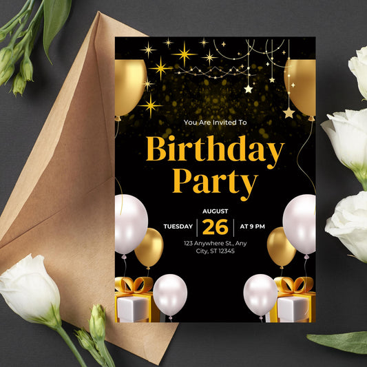 Editable Black and Gold Birthday Invitation, Let&#39;s Party Gold Balloons Invite, Printable Black Golden Balloons Birthday Invitation