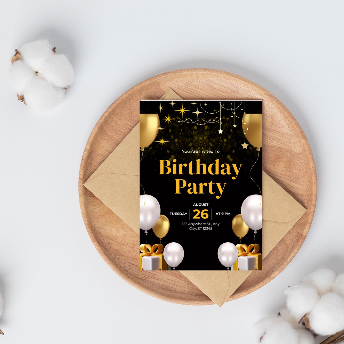 Editable Black and Gold Birthday Invitation, Let&#39;s Party Gold Balloons Invite, Printable Black Golden Balloons Birthday Invitation