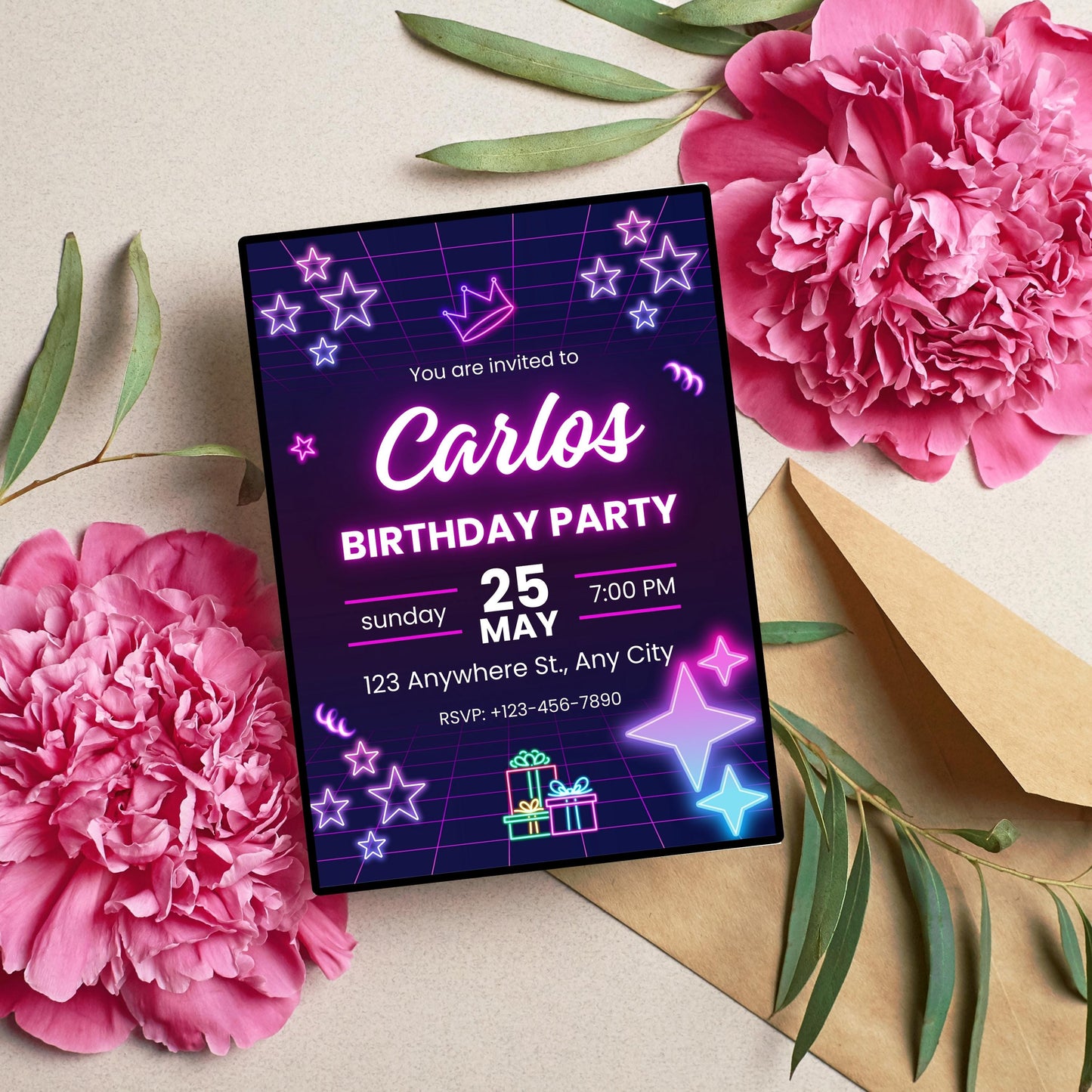 Purple Neon Birthday Invitation, Elegant Neon Balloon Party Card, Instant Download Digital Invitation Template