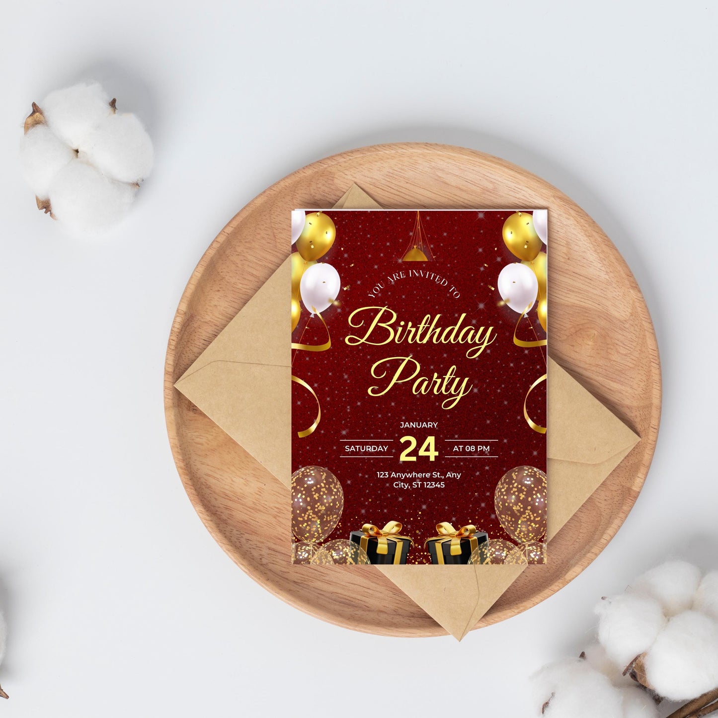 Red & Gold Glitter Balloons Birthday Party Invitation | Editable Template