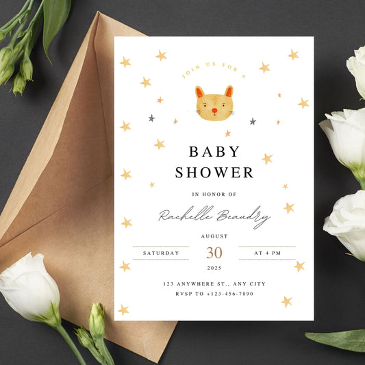 Editable white and brown watercolor cute baby shower invitation