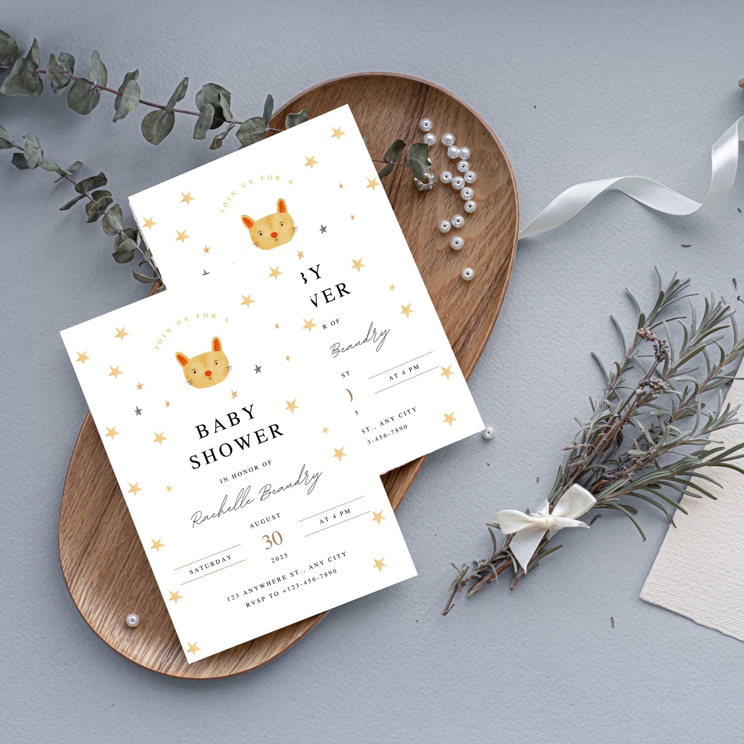 Editable white and brown watercolor cute baby shower invitation