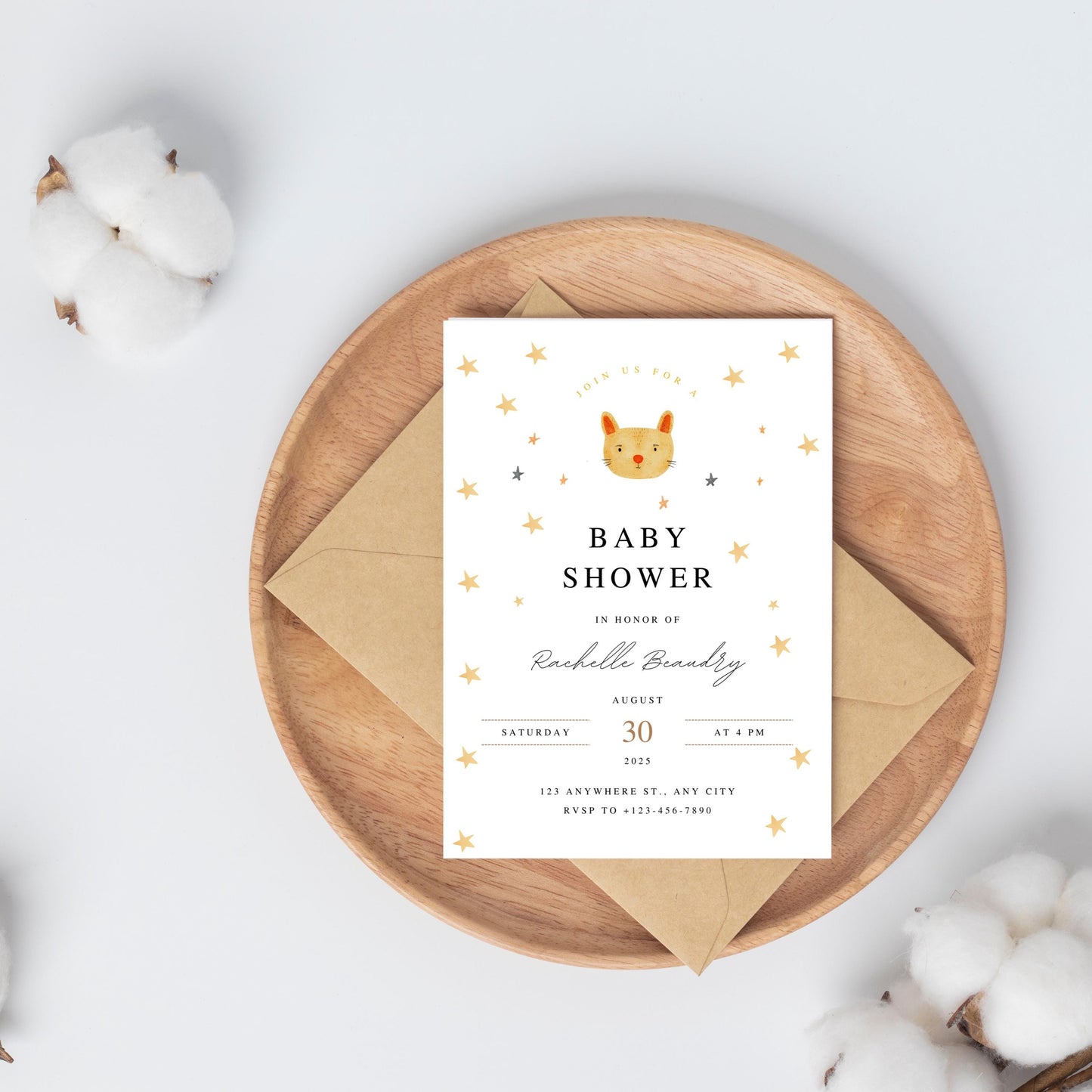 Editable white and brown watercolor cute baby shower invitation