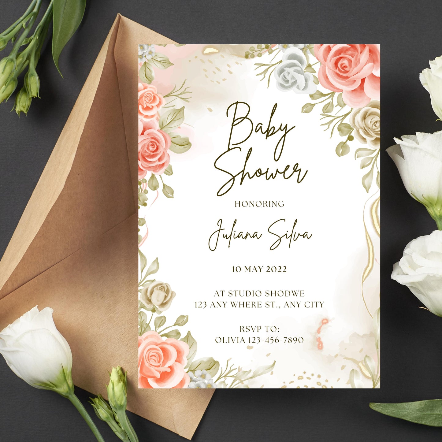 Printable Beige Baby Shower Floral Invitation & Animated GIF Of Invitation (High Resolution)