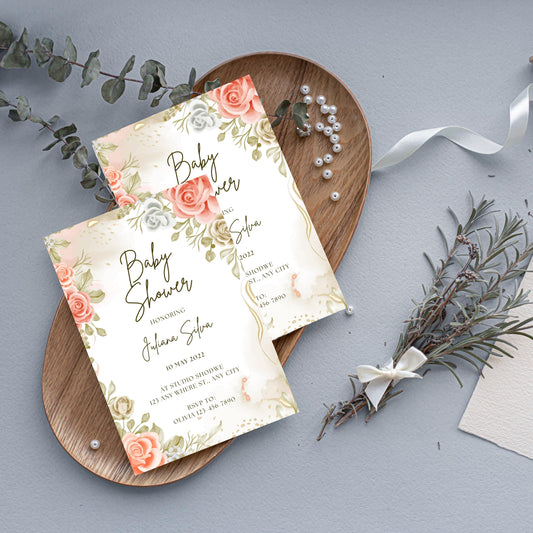 Printable Beige Baby Shower Floral Invitation & Animated GIF Of Invitation (High Resolution)