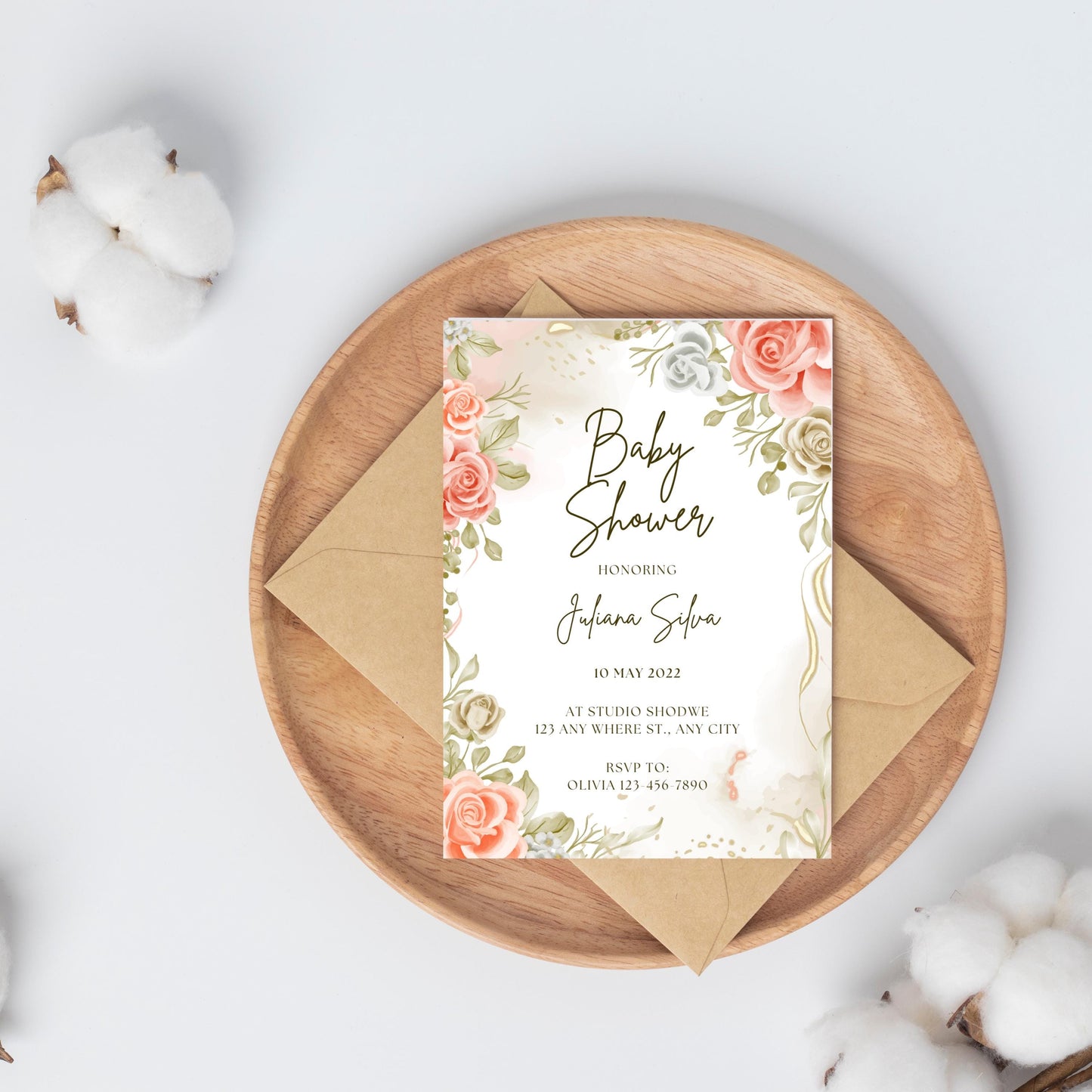 Printable Beige Baby Shower Floral Invitation & Animated GIF Of Invitation (High Resolution)