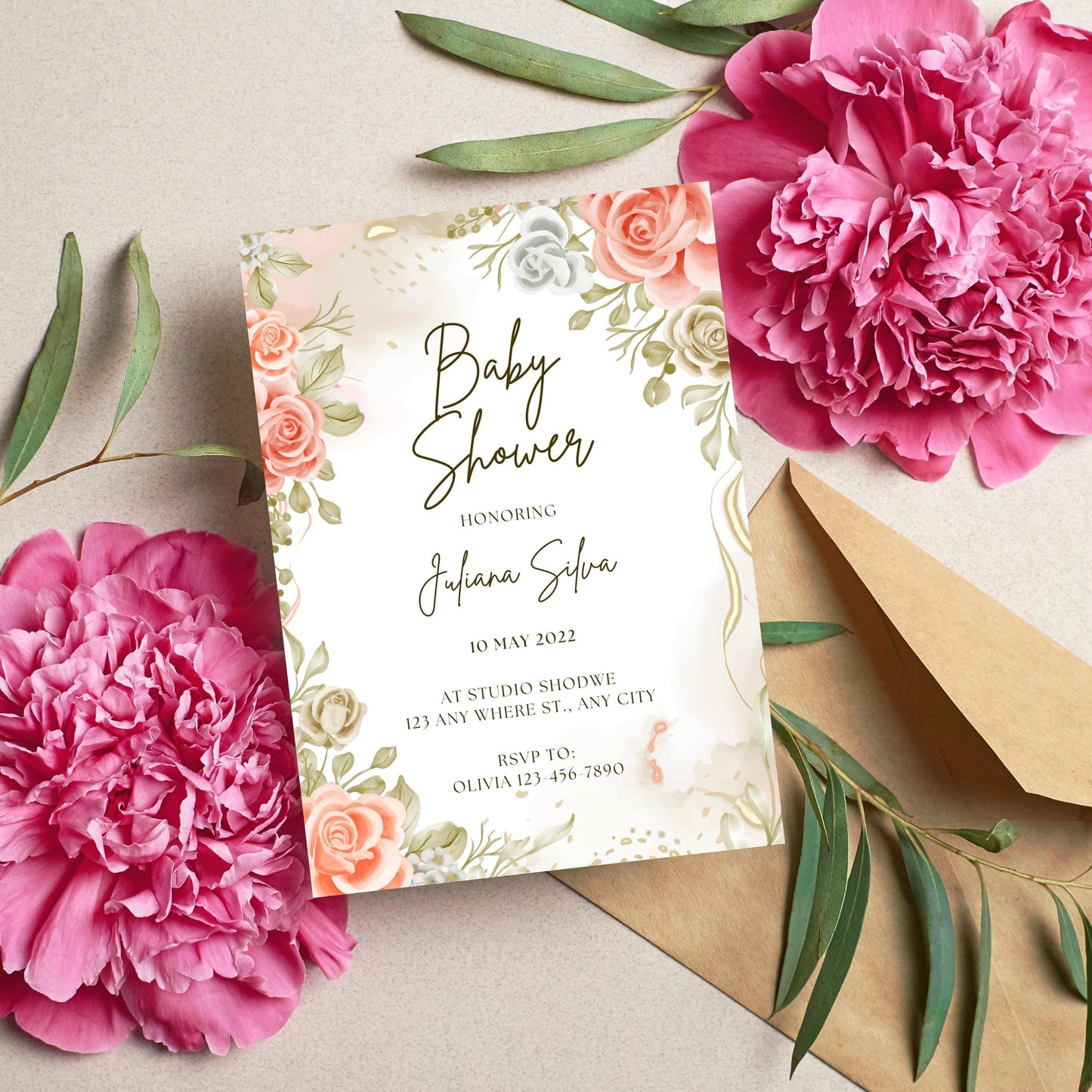 Printable Beige Baby Shower Floral Invitation & Animated GIF Of Invitation (High Resolution)