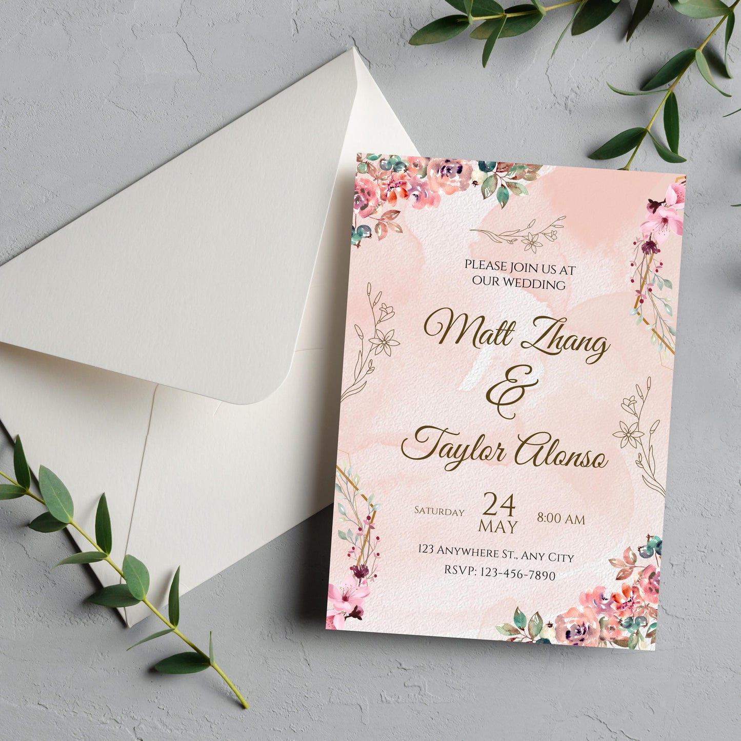 Pink Rose Wedding Invitation Template, Pink Flowers Wedding Invite, Editable Blush Pink Wedding Invitation, Instant Download, WI-92