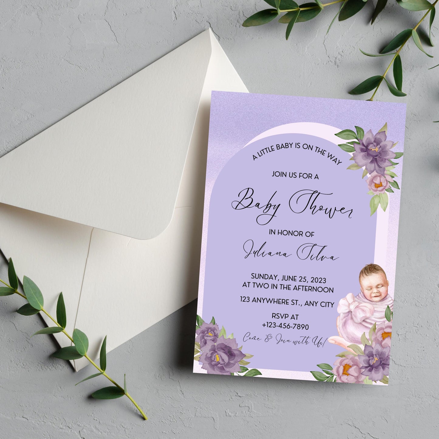 Purple Floral Arch Baby Shower Invitation, Watercolor Lilac Baby Shower, Lavender Baby Shower, Instant Download Printable BD148