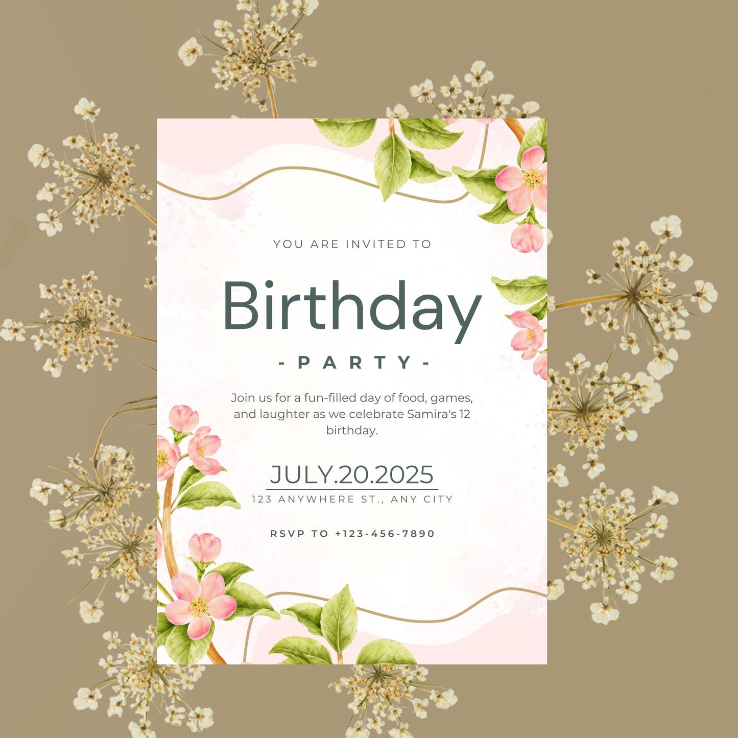 Customizable Floral Birthday Invitation | Soft Pink Blush Design | Perfect for Birthday Celebrations | Digital Party Invitation Template