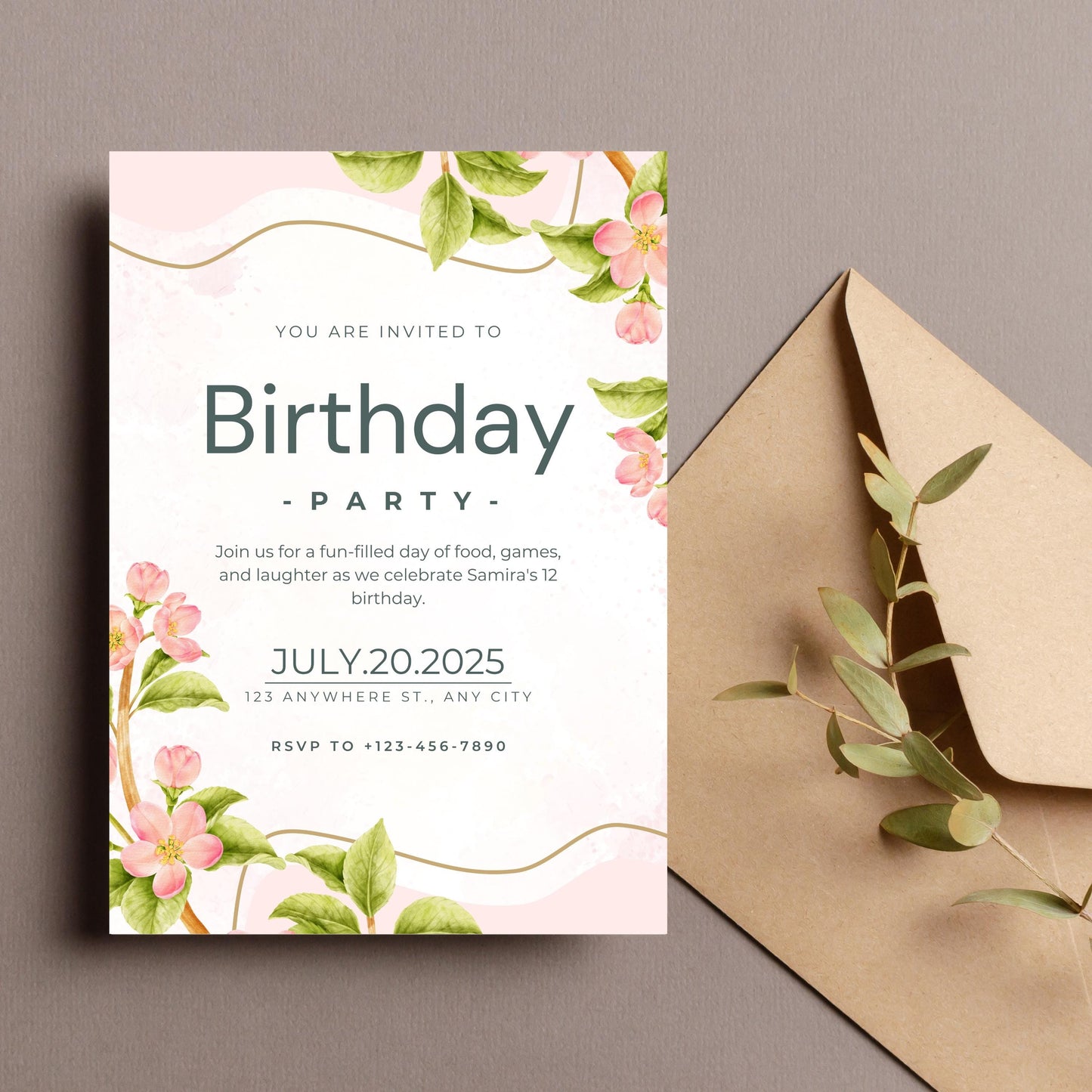 Customizable Floral Birthday Invitation | Soft Pink Blush Design | Perfect for Birthday Celebrations | Digital Party Invitation Template