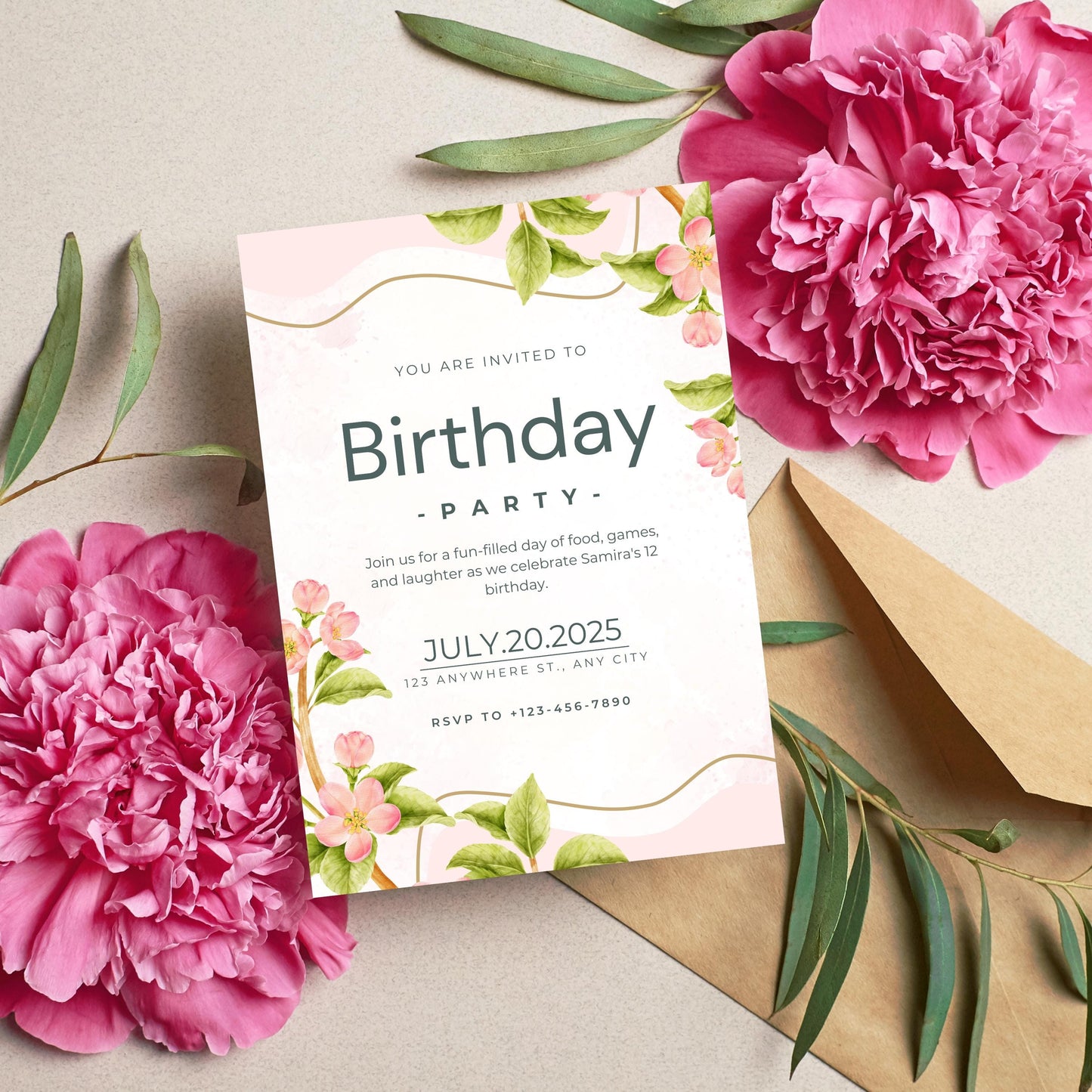 Customizable Floral Birthday Invitation | Soft Pink Blush Design | Perfect for Birthday Celebrations | Digital Party Invitation Template