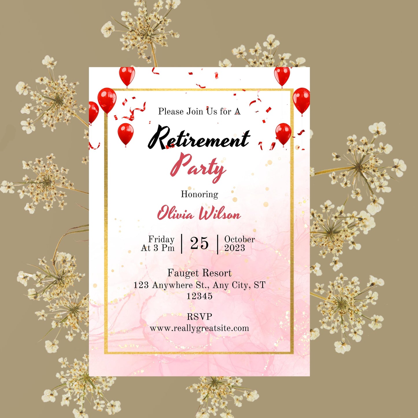 Customizable Retirement Party Invitation | Soft Blush Pink Floral Design | Digital Retirement Invite Template | Instant Download