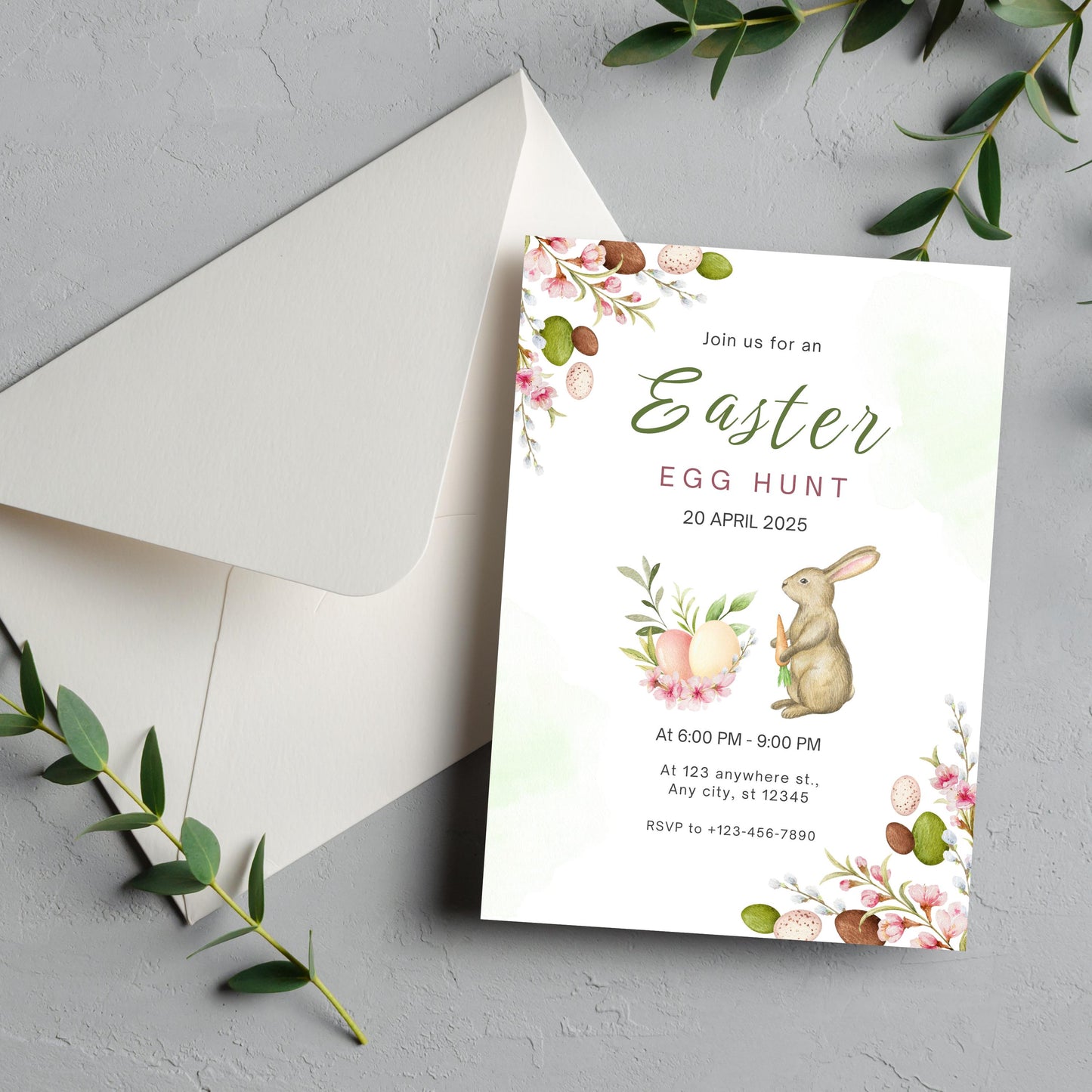 Green and Pink Watercolor Easter Invitation, Green Easter Invitation | Easter Egg Hunt | Bunny Party Invite | Easter Brunch