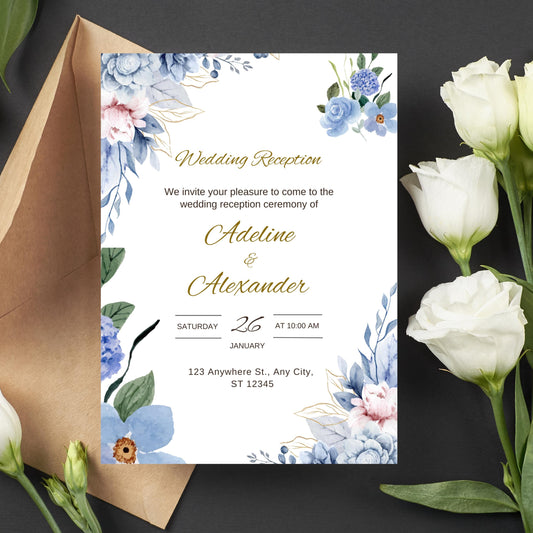 Royal Blue Wedding Invite | Navy Blue Wedding Invitation Template | Blue and Ivory Wedding Invite | Modern Floral Wedding Invitation