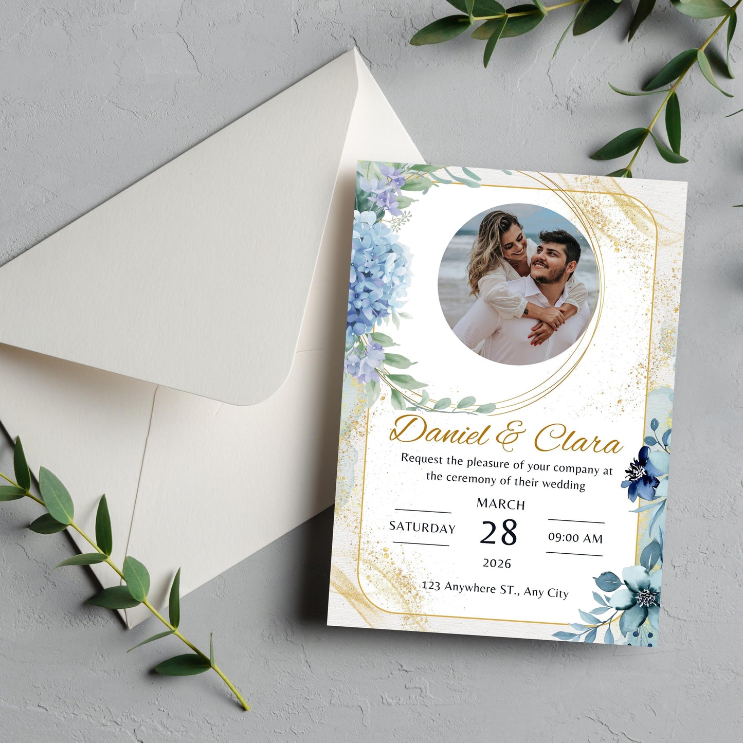 Dusty Blue Floral Wedding Invitation Template | Editable & Printable | Modern Wedding Invite