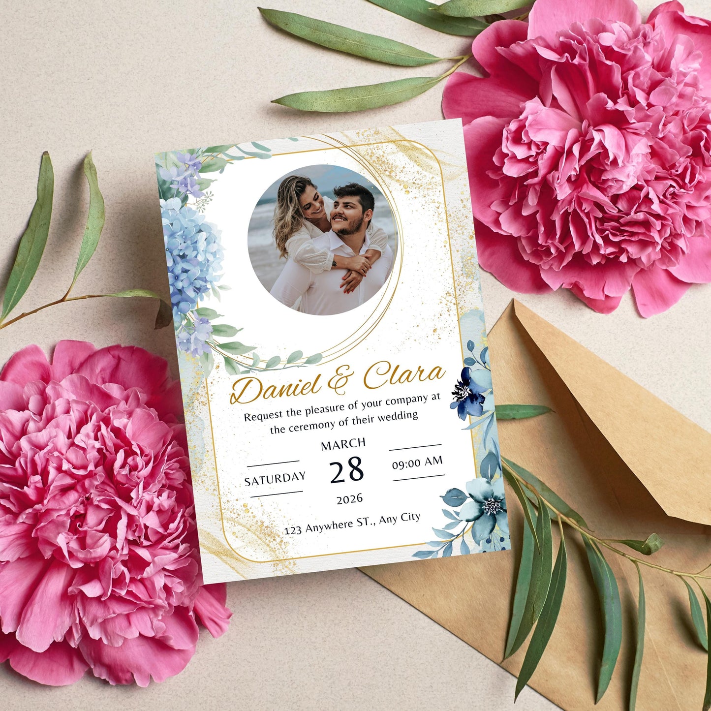 Dusty Blue Floral Wedding Invitation Template | Editable & Printable | Modern Wedding Invite