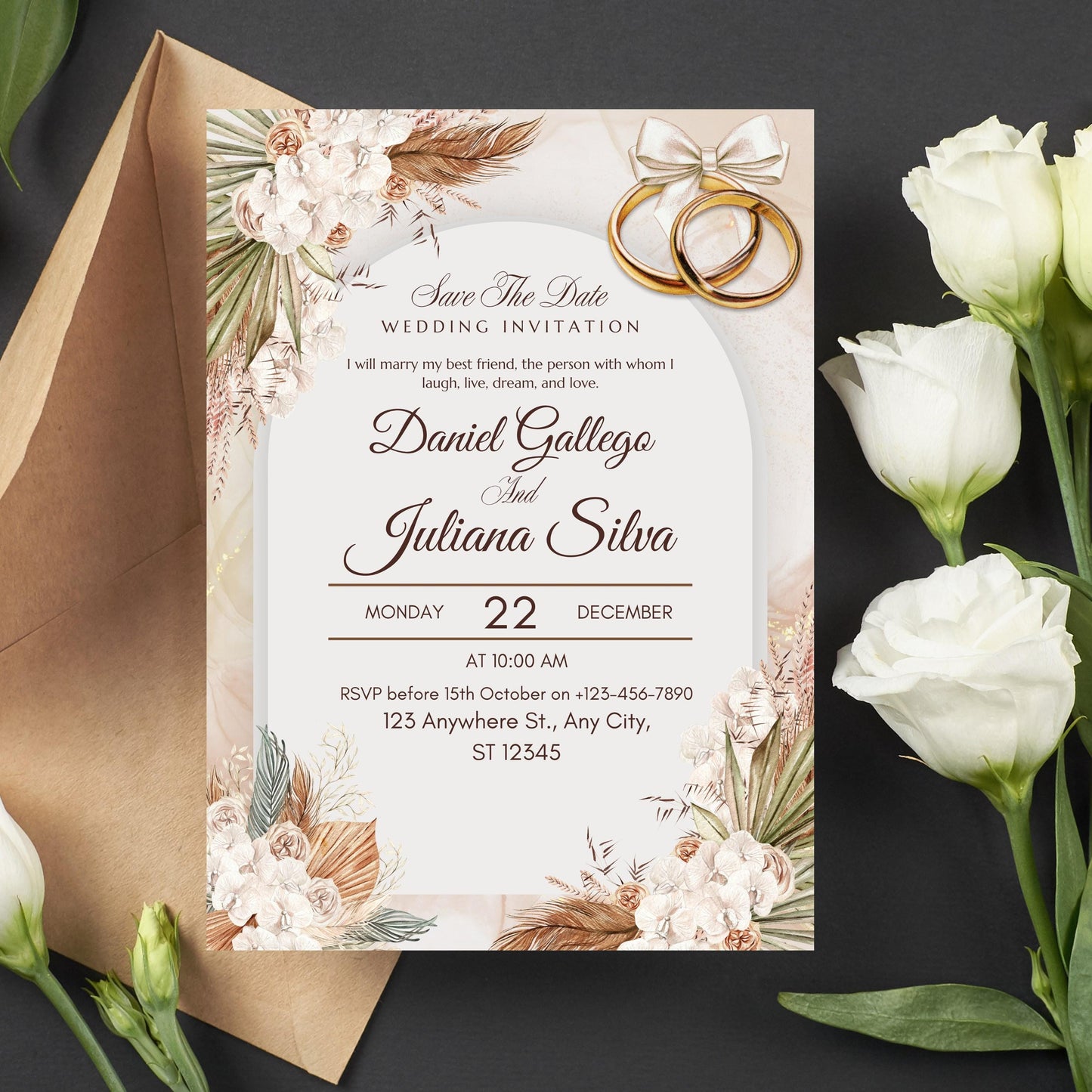 Beige Vintage Floral Invitation Template | Romantic Botanical Wedding Invite