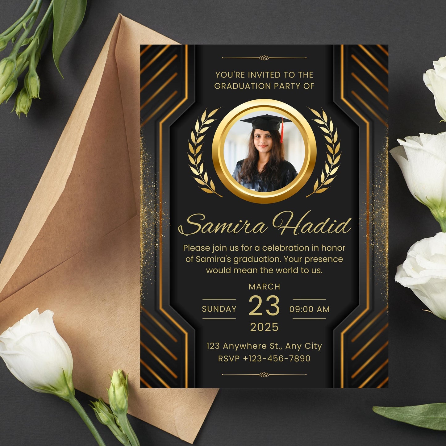 Luxury Graduation Invitation Template | Graduation Invitation Ceremony | Elegant Gold & Black Graduation Program CANVA Editable Template