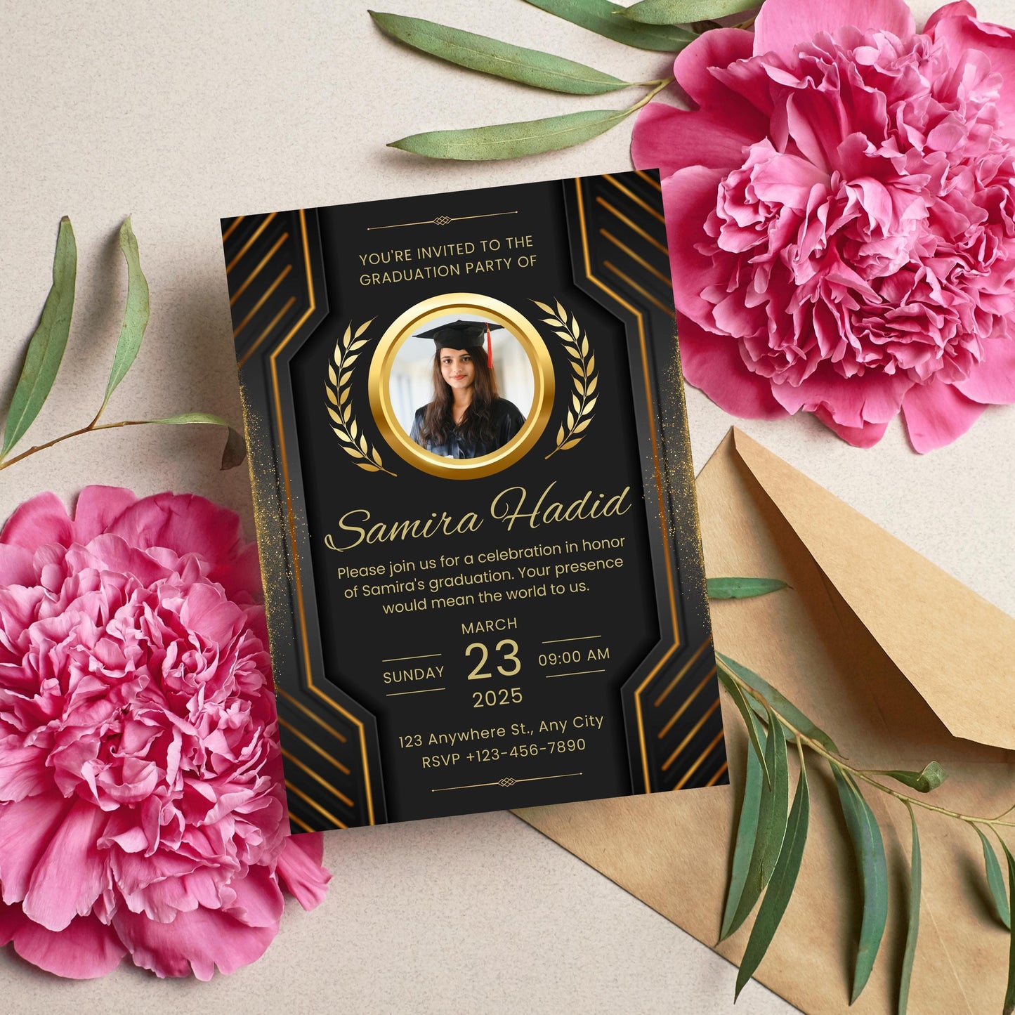 Luxury Graduation Invitation Template | Graduation Invitation Ceremony | Elegant Gold & Black Graduation Program CANVA Editable Template